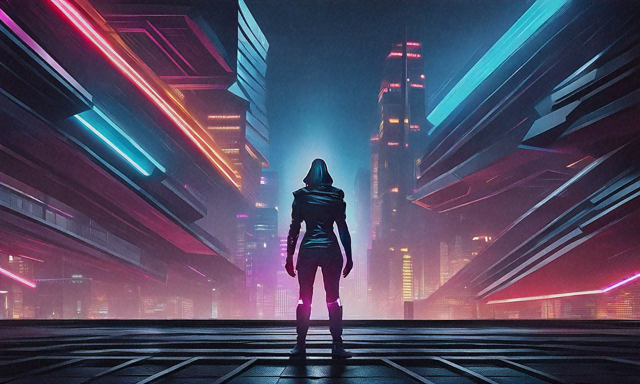 Person standing in a futuristic cityscape